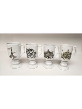 Kaysons International Pedestal Coffee Mugs Lot Of 4 Vtg 1965 Historical Landmark